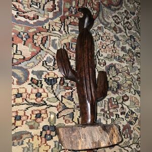 Handcrafted Mexican Ironwood Cactus Sculpture With Perched Eagle